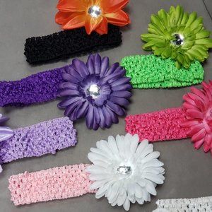 Lot of 9 Baby headbands with 10 attachable flowers Multicolor